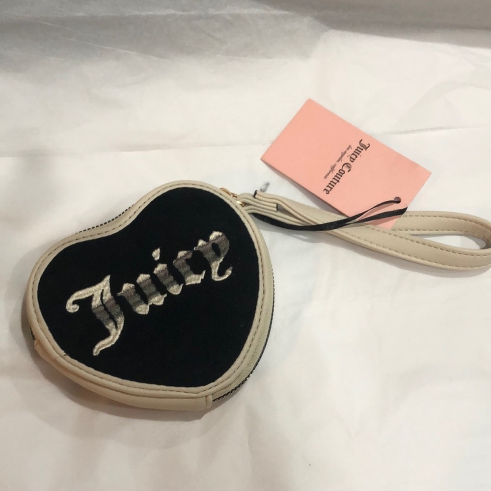 Juicy Couture retro cream & black velvet velour heart shape monogrammed wristlet